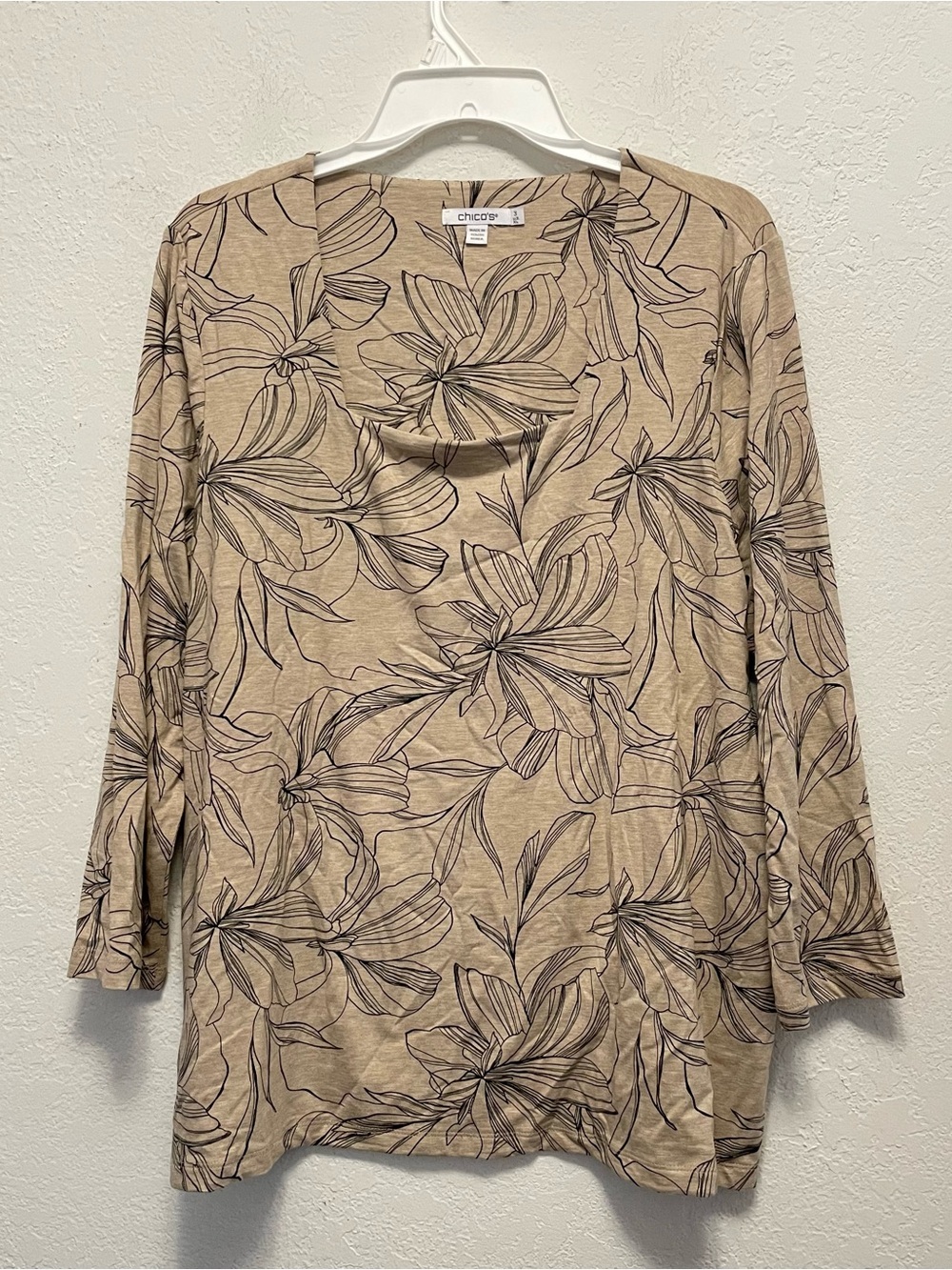Chicos 3 US XL Women’s Touch of Cool Square Neck Tee 3/4 Sleeve Lightweight Tan